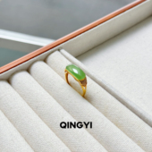 天然俄料和田玉碧玉戒指18k金女款 苹果绿轻奢玉石指环送朋友礼物