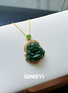 天然俄料和田玉菠菜绿碧玉弥勒佛吊坠18k金女款佛公玉石挂件玉坠