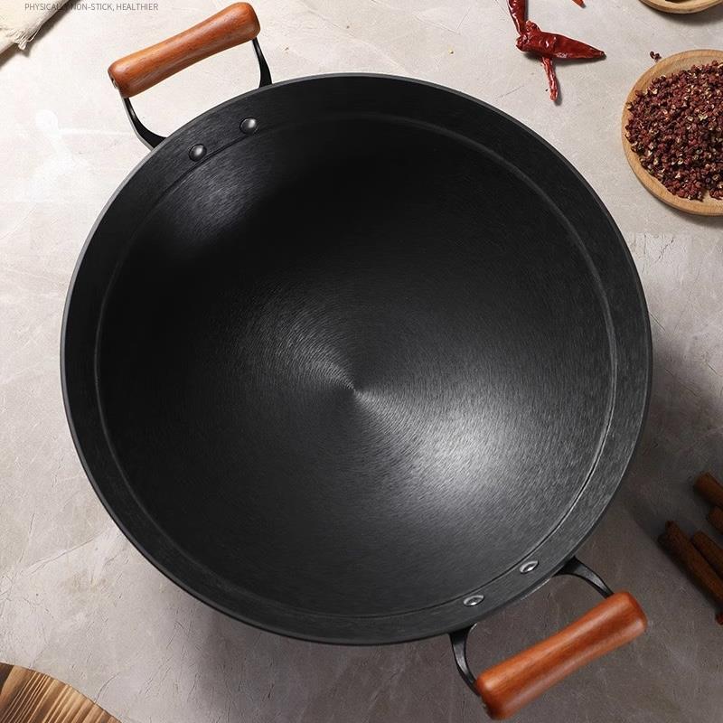加深圆底无涂层双耳大铁锅锅家铸铁炒菜锅加厚手用工炒燃气煤气用