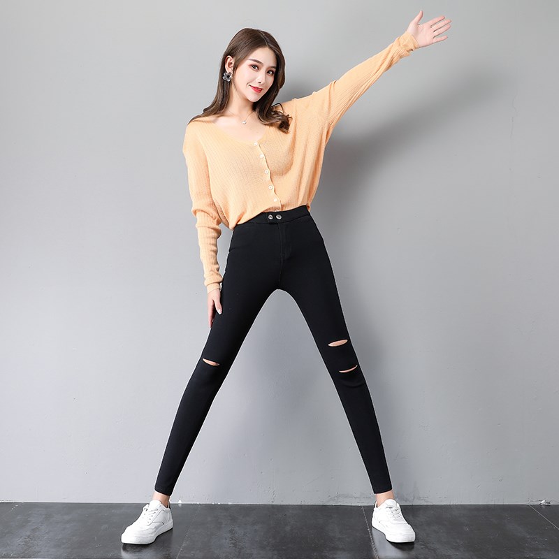 破洞黑色打底裤女外穿春秋2024新款高腰九分小脚铅笔小黑裤夏薄款