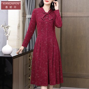 香妮芬蝴蝶结系带洋气妈妈端庄大气连衣裙2025春秋新款立领中长裙