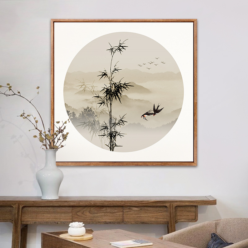 新 中式玄关装饰画客厅沙发背景墙山水画书房禅意餐厅壁竹子挂画