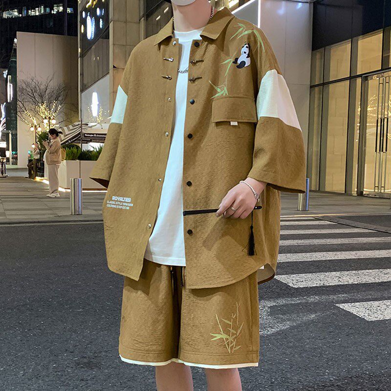 胖子中国风短袖短裤套装男士夏季宽松加肥加大码拼接短衬衫套装潮,男装,休闲运动套装,淘宝优惠券,粉丝福利购,淘宝优惠卷