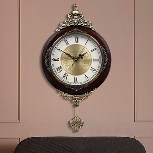 饰时钟 挂表静音复古装 豪华欧式 钟表挂钟客厅实木摇摆创意艺术美式