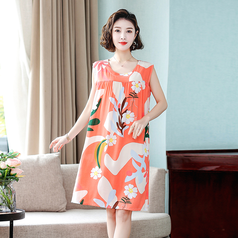 睡裙女夏中老年棉绸大码无袖胖mm连衣裙妈妈装时尚宽松中长款睡衣