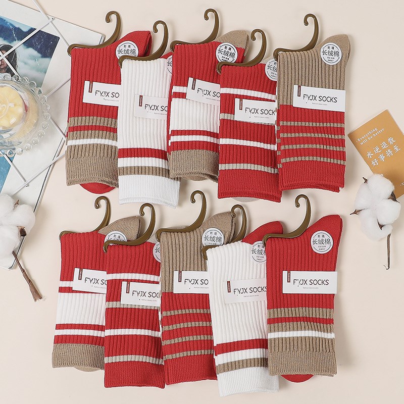 10双针织袜子双针复古条纹撞色大红色棉质粗线堆堆袜秋冬款女中筒