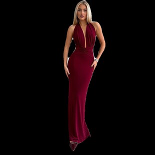 性感V领褶皱长款 新款 连衣裙女 小众挂脖设计晚宴礼服夏季 高级时尚