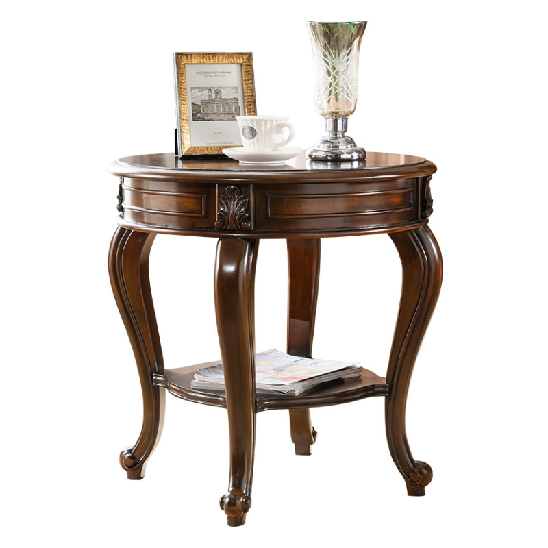 美式角几边几全实木圆茶几欧式沙发边几圆形咖啡桌复古深色小茶几