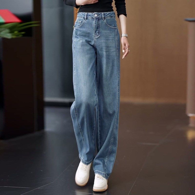 浅蓝色弯刀阔腿牛仔裤女春秋2025年新款高腰宽松直筒女裤春季长裤