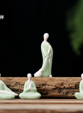 禅意青瓷无相小生茶席配件陶瓷多肉盆景鱼缸造景家居中式迷你摆件