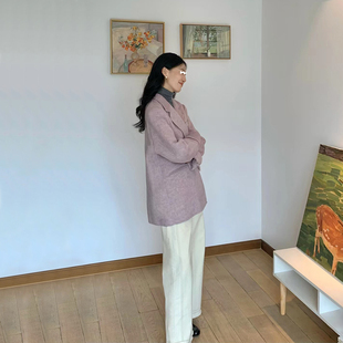 高级感紫色呢子大衣女秋冬装新款小个子法式气质宽松毛呢西装外套
