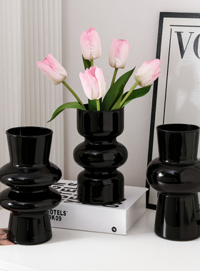 高级感简约黑色玻璃花瓶办公桌客厅水养鲜花茶几餐桌插花装饰摆件