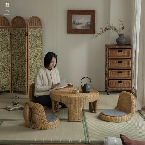 叕木|东南亚藤艺/藤编日式侘寂风民宿茶室榻榻米阳台茶几桌椅组合
