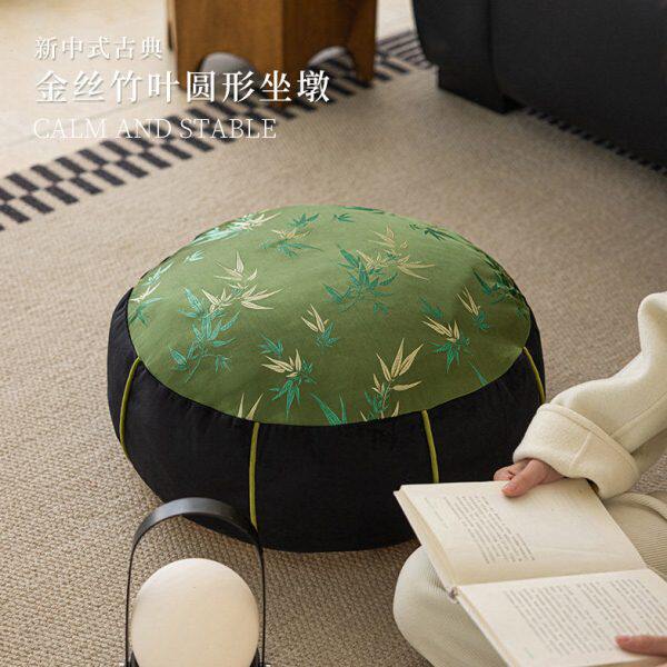 新中式竹子绿色蒲团坐垫中国风轻奢高端矮蹲子可拆洗阳台圆形矮凳