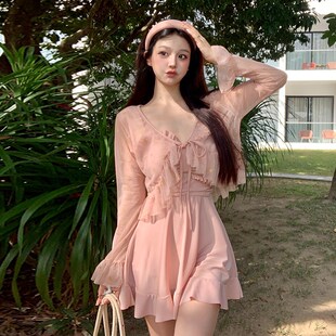 泳衣女夏连体裙式l长袖罩衫防晒保守遮肚肉显瘦微胖小胸高级感度