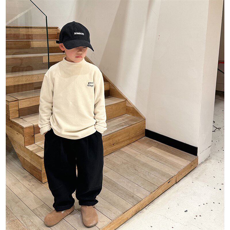 男童加绒裤子儿童加厚休闲裤秋冬2024新款冬季男孩黑色一体绒长裤