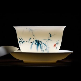 金镶玉手绘山水竹节陶瓷盖碗套装手工三才悬停茶碗茶杯子单个防烫