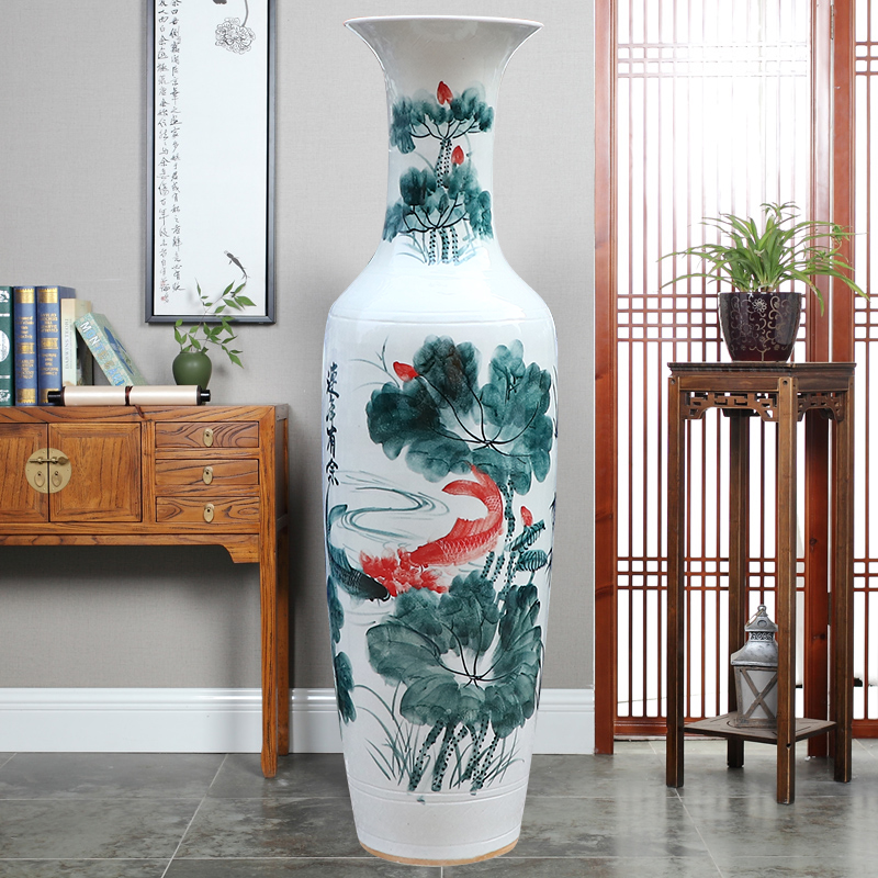 景德镇陶瓷器落地大花瓶手绘年年有余青花瓷瓶家居客厅装饰品摆件