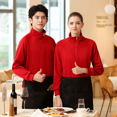 冬加绒半拉链套头卫衣餐饮服务员工作服定制长袖火锅饭店餐厅工装