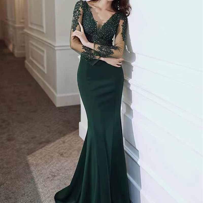 女款宴会晚礼服裙女新款春气质鱼尾长袖主持人端庄大气场女王礼服