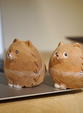 圆滚滚的博美犬手工木雕小摆件卡通可爱动物狗桌面装饰品礼物