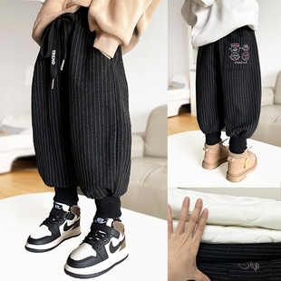 儿童棉裤童装裤子男童加绒加厚2023冬季新款小童条纹时尚一条过冬