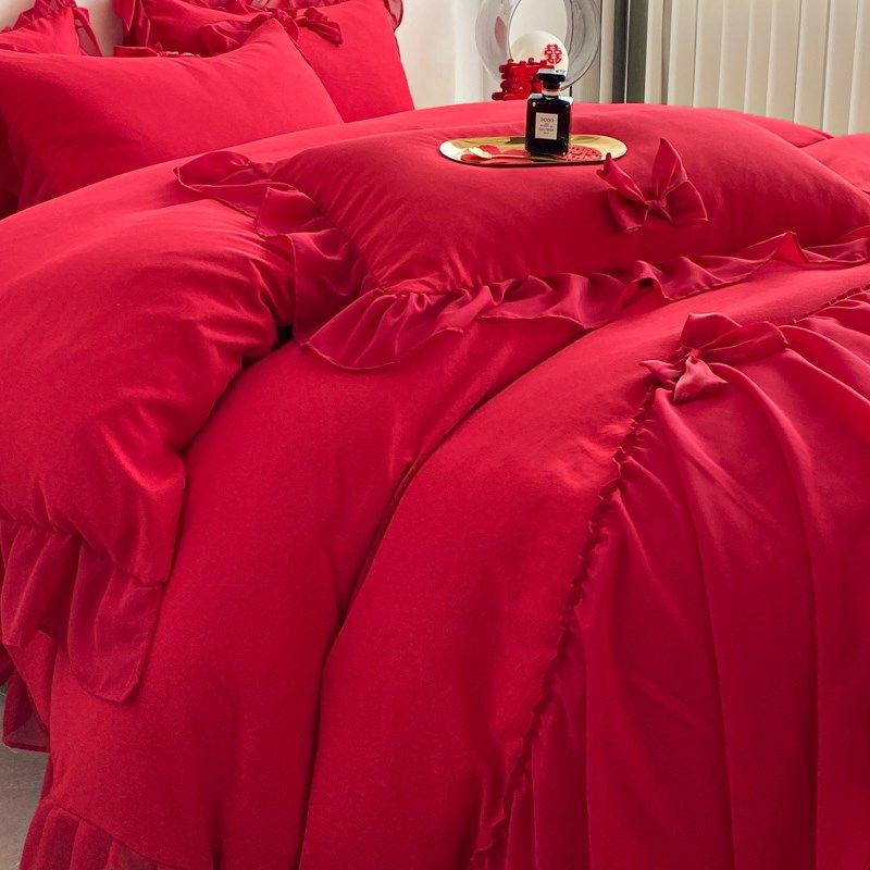 新中式婚庆四件套红色蝴蝶结花边被套纯棉结婚喜被婚嫁公主风床品