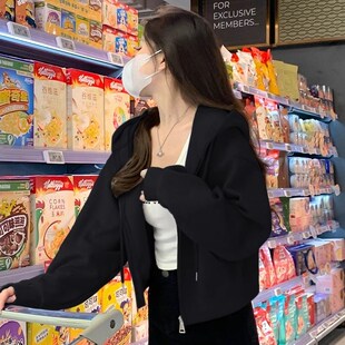 短款外套女士黑色卫衣女春秋2024新款小个子加绒开衫拉链开衫上衣