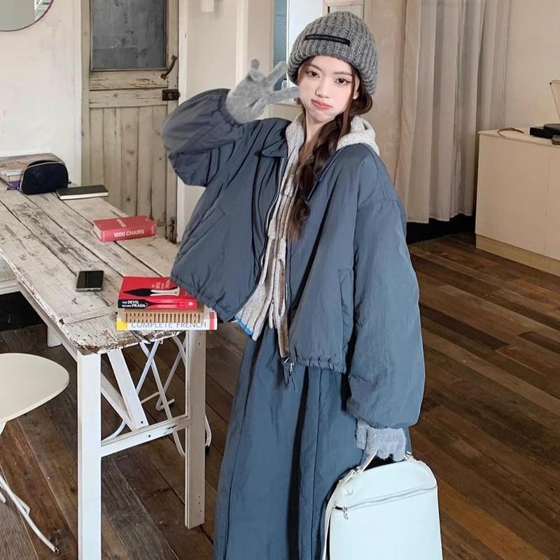 2024新款休闲套装长袖连帽针织衫棉服外套女秋季高腰半身裙三件套