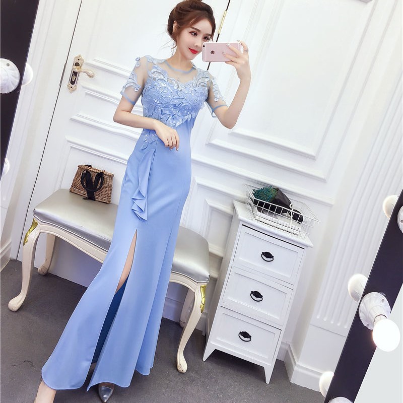 晚礼服女2024新款高级感礼服拼接网纱气质主持人鱼尾亮片开叉长裙