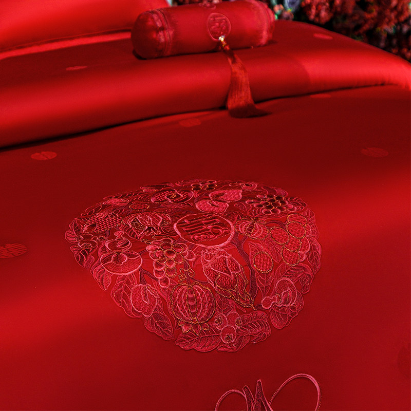 结婚十一件套全棉刺绣大红婚礼婚被新婚喜被婚庆四件套床上用品