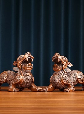 紫铜金钱貔貅摆件一对新中式家居客厅玄关办公室装饰品开业乔迁