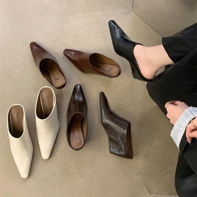 2024夏天新款配阔腿裤的鞋子一脚蹬H高跟包头坡跟拖鞋女外穿半拖