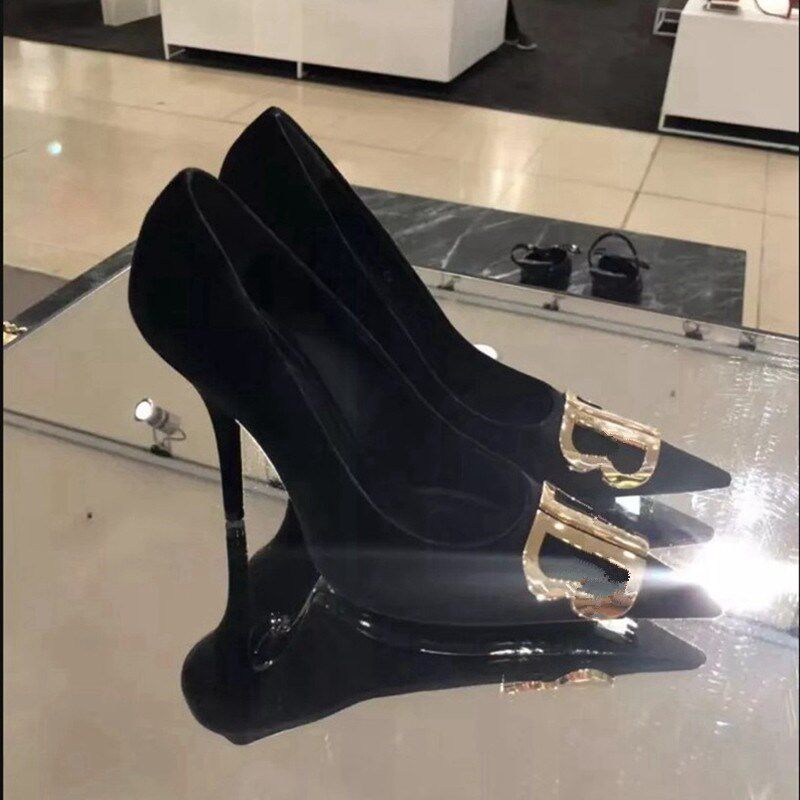 黑色绒面高跟鞋g女细跟2024年新款双b浅口b扣单鞋百搭尖头鞋工作