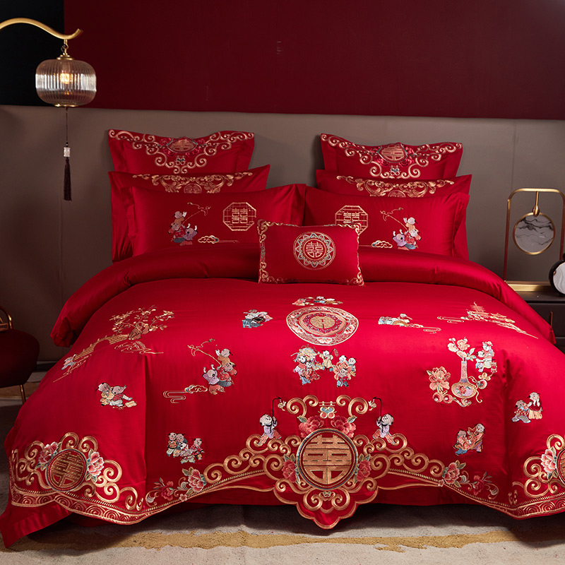 高档中式百子图刺绣婚庆四件套红色龙凤被套床单喜被结婚床上用品