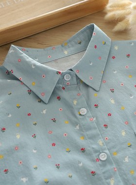 秋季新款小清新文艺全身印花纯棉衬衫女长袖宽松大版外穿蓝色衬衣