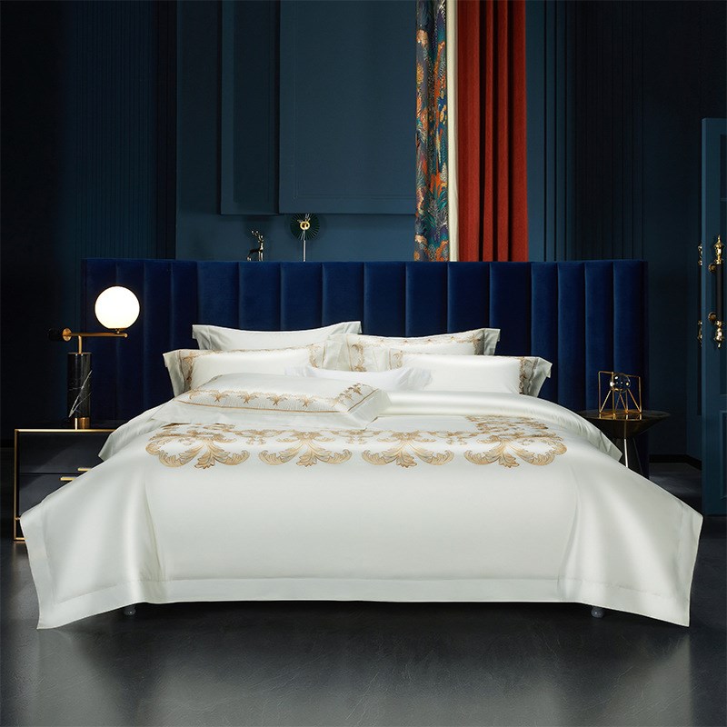 120支长绒棉四件套床品 纯色奢华刺绣被套床上用品套件 酒红色