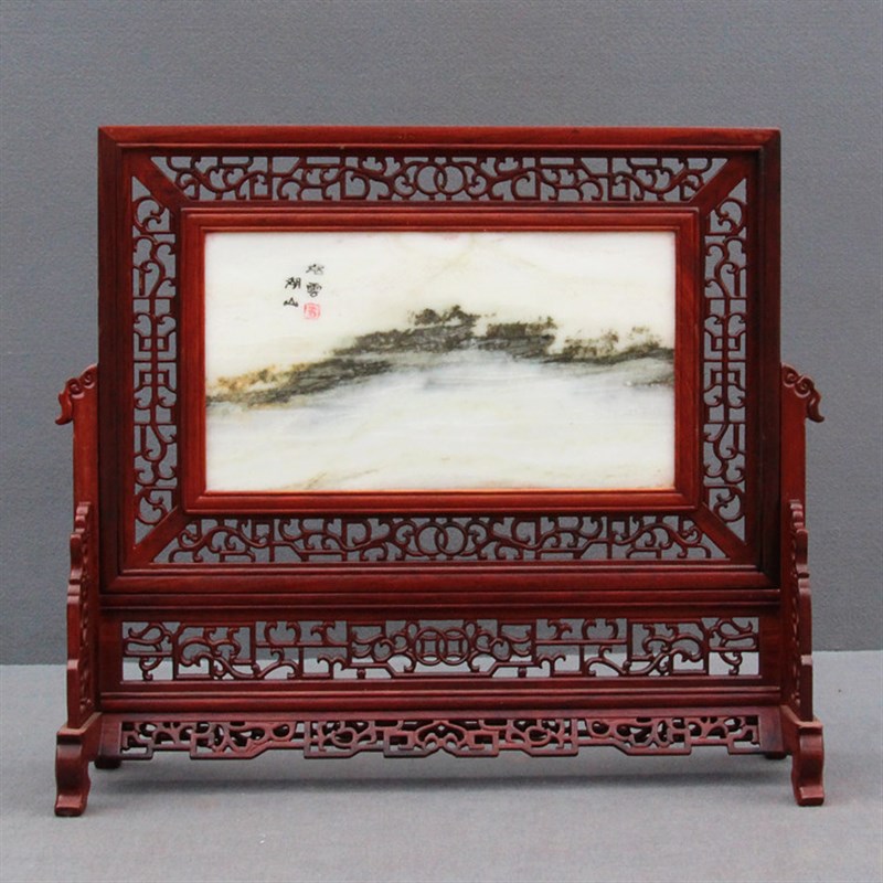 红木屏风插屏酸枝木雕刻家居摆件天然大理石插屏实木屏风座屏台屏