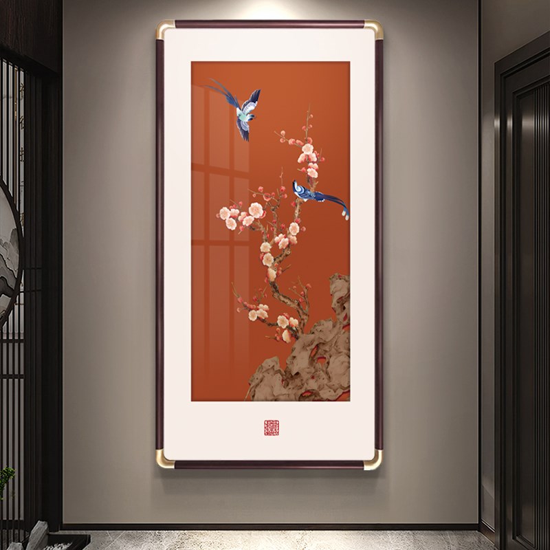 喜上眉梢玄关装饰画新中式竖版寓意好花鸟挂画走廊过道别墅壁画