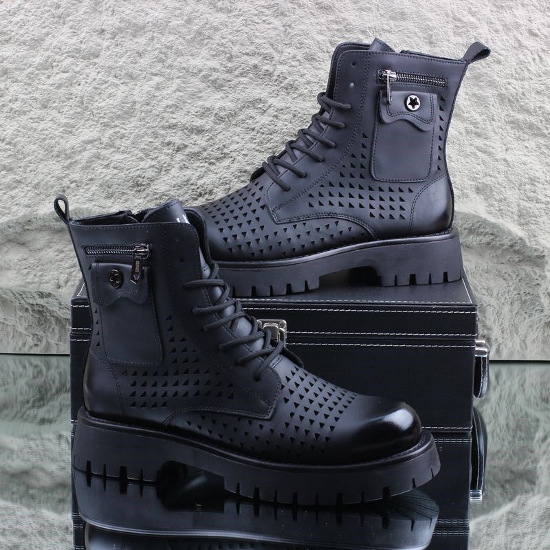 镂空马丁靴男鞋2024夏季透气薄款高帮机车靴子男士W厚底内增高短
