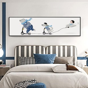 可爱动物卡通儿童房间装饰画背景墙蓝色星球太空男孩女孩卧室挂画