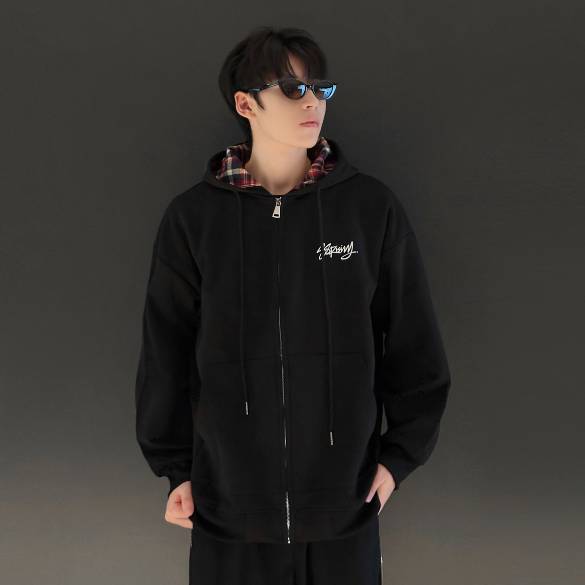 88rising格子拼接连帽开衫卫衣