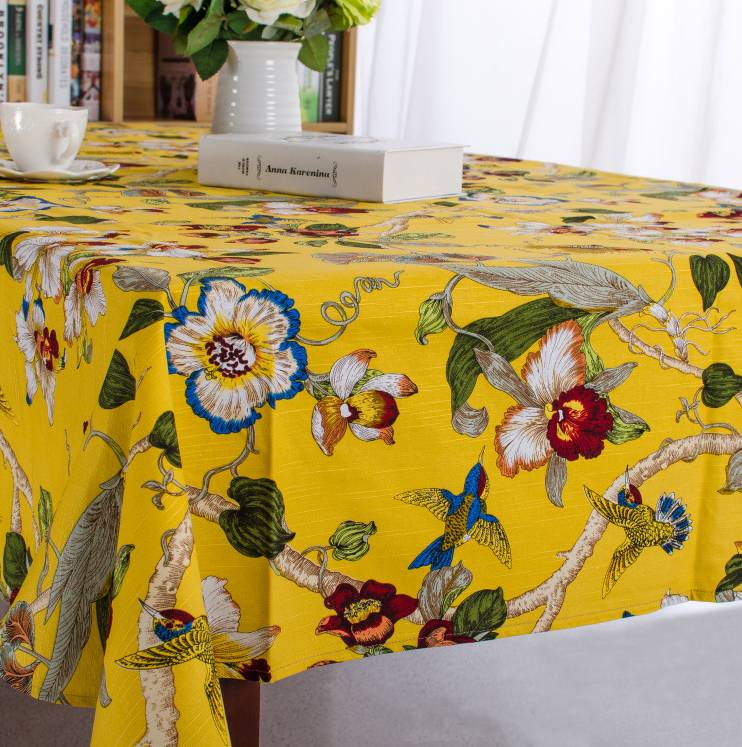 全棉竹节麻鸟语花香西餐桌布古典宫廷黄色台布茶几布盖巾尺寸定制