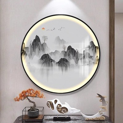 壁灯新中式玄关高端装饰画山水禅意茶室挂画LED发光灯画圆形壁画