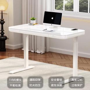 Ko脑ble弧光电动升降GVD白色电桌钢化玻璃书桌智能办公桌家桌用桌