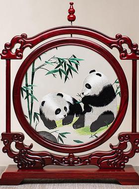 室手工苏绣摆GUH双面国刺绣工艺品新中件式桌面办公装饰台屏中风