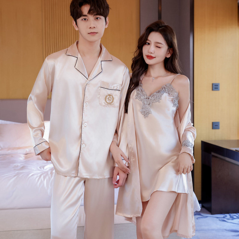 新款春秋情侣睡衣女冰丝性感长袖薄款韩版男士丝绸夏季家居服套装