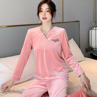 金丝绒睡衣女春秋长袖加厚海岛绒 V领宽松珊瑚双面绒家居服冬套装