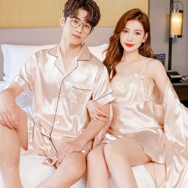 冰丝情侣睡衣女夏季性感吊带裙睡袍2025年新款薄款短袖丝绸男套装