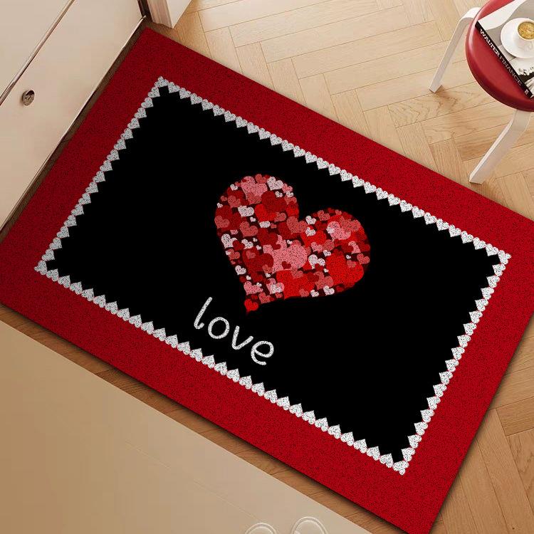 新款红色喜庆入户丝圈地垫爱心玄关门垫可裁剪防滑耐脏地毯